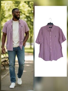 Ralph Lauren Mens XXL Red White Gingham Check Shirt Short Sleeve Patriotic Polo